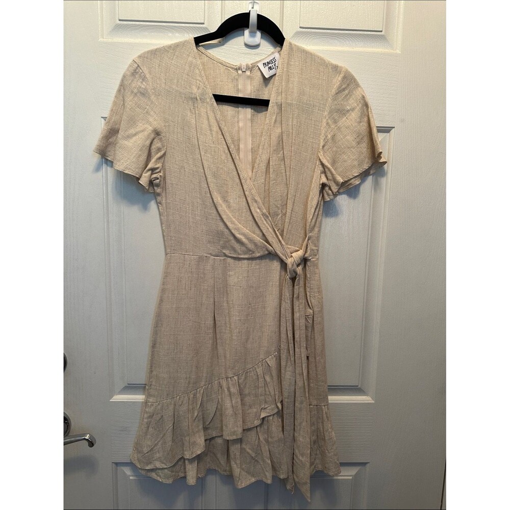 Princess Polly Beige Faux Wrap Mini Dress with Ruffle Hem Linen Blend Lined Sz 4